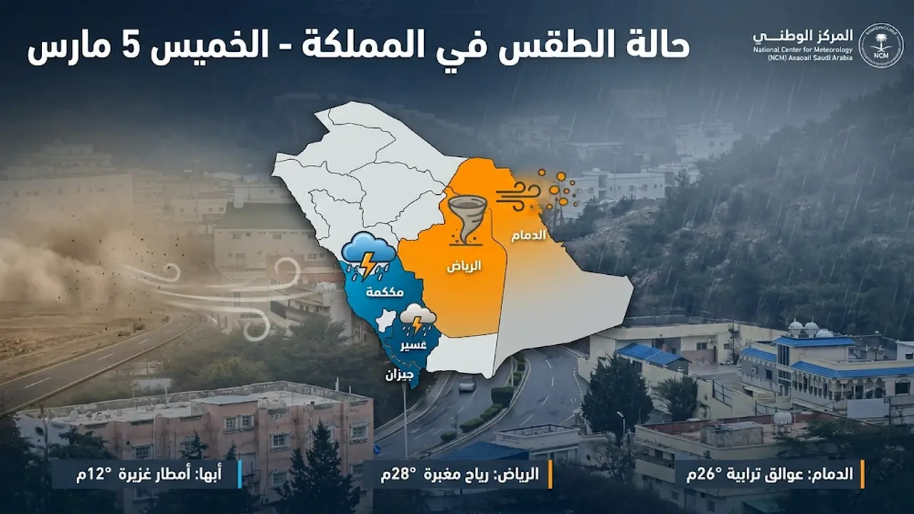 أمطار رعدية وضباب كثيف يضربان مكة والباحة وعسير الخميس 5 مارس 2026